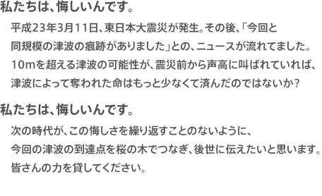 私たちは、悔しいんです。平成23年3月11日、東日本大震災が発生。その後、「今回と同規模の津波の痕跡がありました」との、ニュースが流れてました。10mを超える津波の可能性が、震災前から声高に叫ばれていれば、
津波によって奪われた命はもっと少なくて済んだのではないか?私たちは、悔しいんです。次の時代が、この悔しさを繰り返すことのないように、今回の津波の到達点を桜の木でつなぎ、後世に伝えたいと思います。皆さんの力を貸してください。平成23年10月13日 代表橋詰琢見