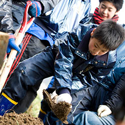 植樹作業をする子供
